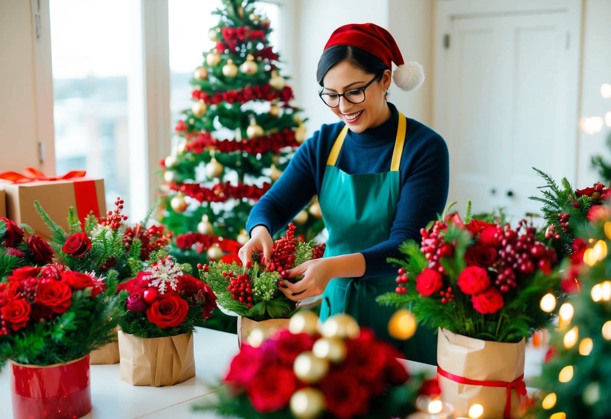 A joyful scene of a person hand tying festive bouquets for delivery spreading Christmas cheer with each beautiful arrangement